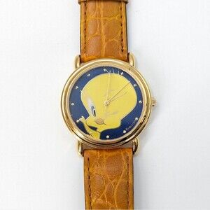 Armitron Vintage 90s Tweety Bird Winking Gold Yellow Tan Leather Strap Watch